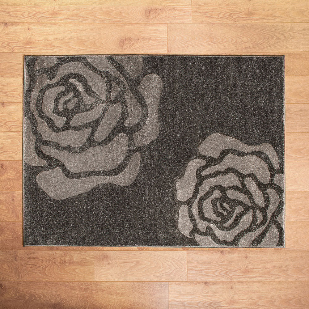 Dark Grey Rose Pattern Delhi Rug - Image 2