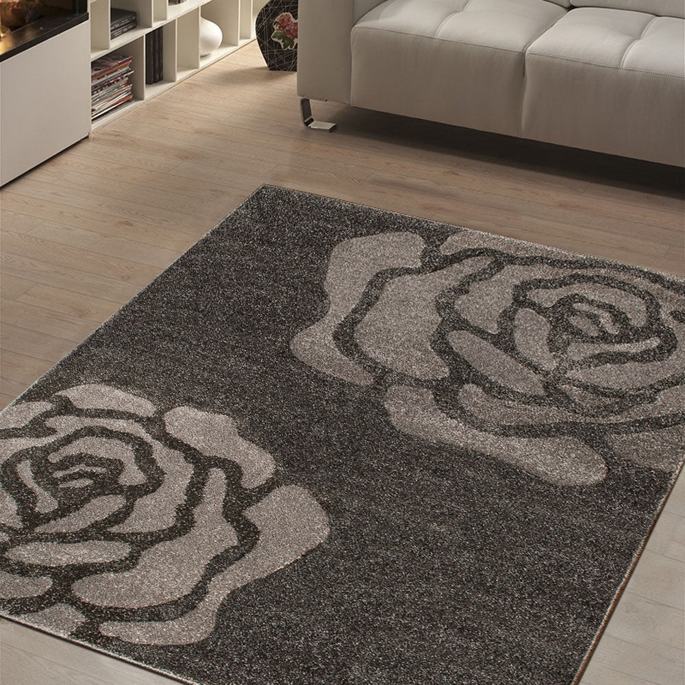 Dark Grey Rose Pattern Delhi Rug - Image 3