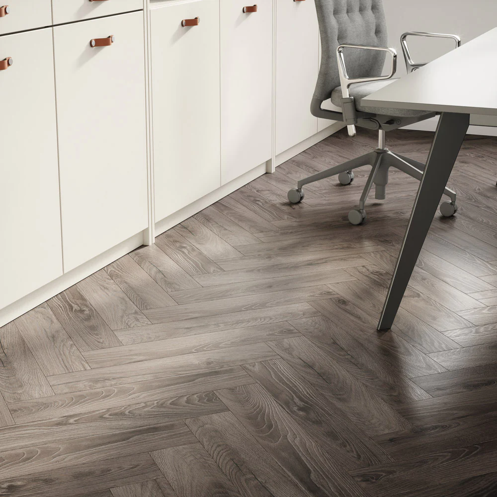 Rutherford Grey Oak K488 Herringbone 8mm Laminate Flooring by Krono Original - Image 3